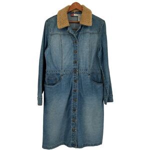 Faded Glory Blue Denim Trench Coat with Tan Collar